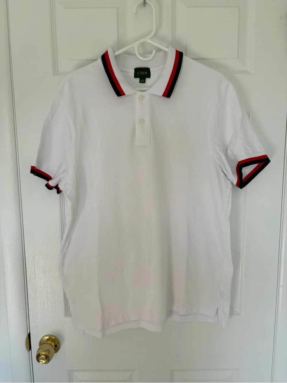 J. Crew White Polo with Red and Black Stripe Collar